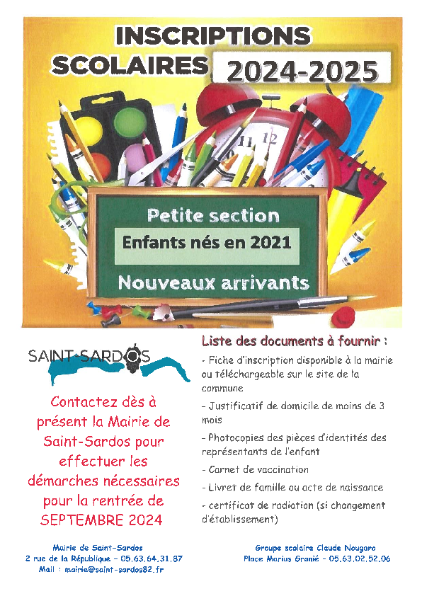 INSCRIPTIONS SCOLAIRE 2024-2025 - Saint-Sardos